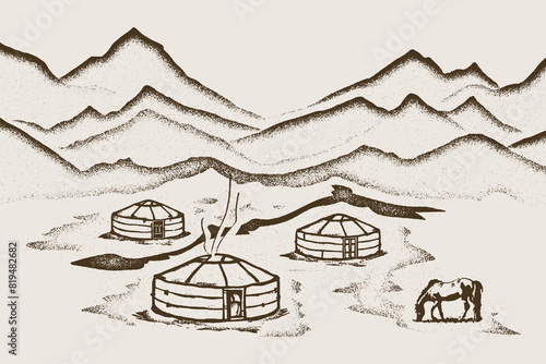 Sketch on the topic of life in Central Asia, grazing horse and yurts, vector illustration