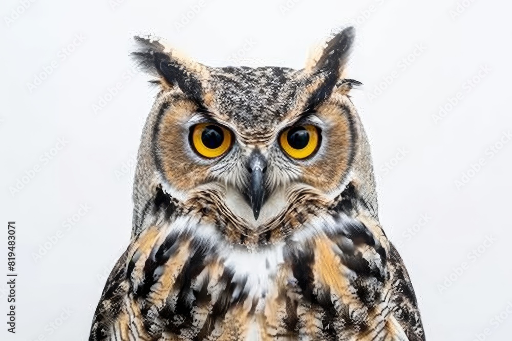 Obraz premium Realistic photograph of a complete Owls,solid stark white background, focused lighting