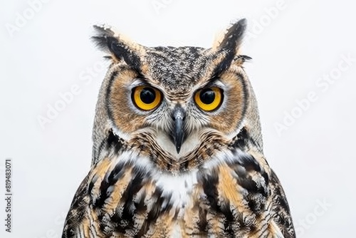 Realistic photograph of a complete Owls,solid stark white background, focused lighting