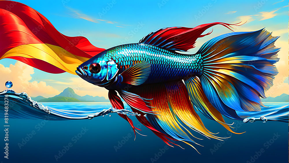 Fototapeta premium Betta fish swimming inside a large glass jar with broad green leaves.