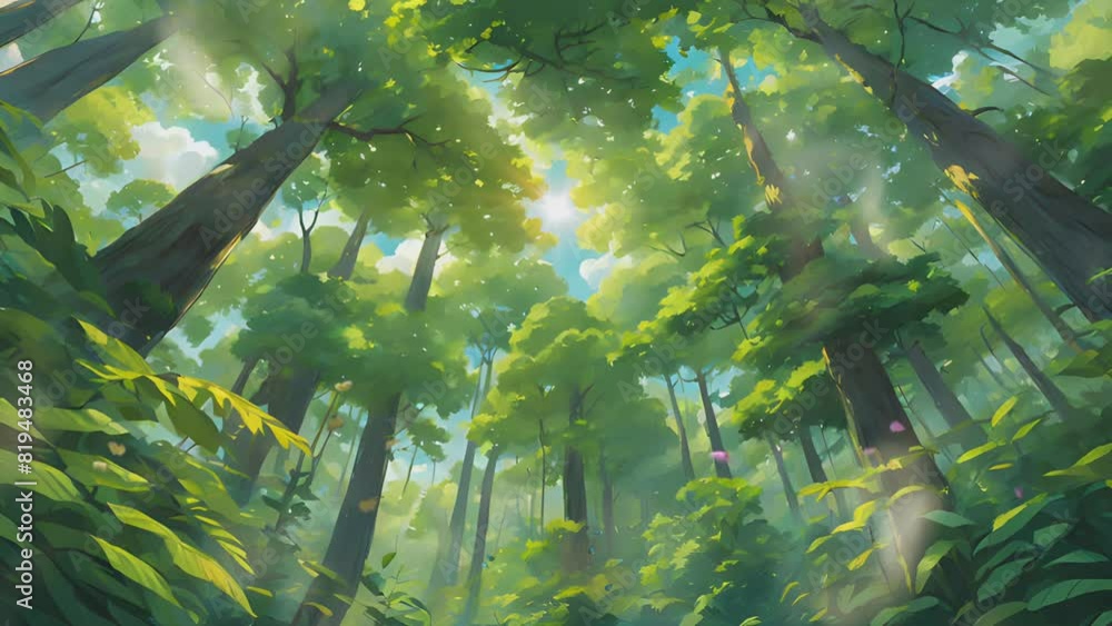 Morning sun rays in the forest. Japanese anime illustration painting style. Seamless looping 4K video animation background.