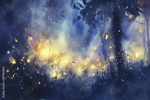 A painting of a forest with a bright yellow sun shining through the trees, watercolor illustrations , summer activitie, Camping in the woods. © peerasak