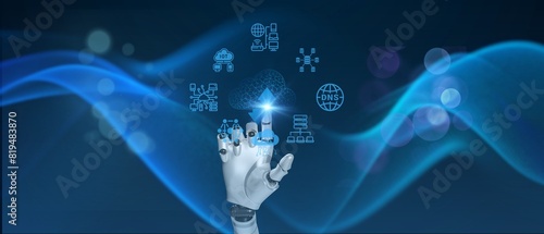 Robot hand touching cloud computing icon to help with AI Learning and artificial intelligence work digital link technology global business social media online digital marketing with copy space