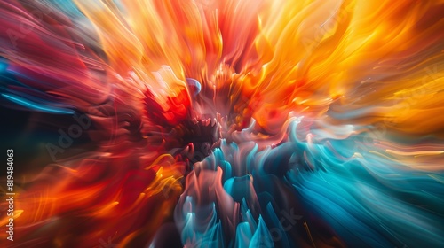 The image is an abstract painting with a bright orange, blue, and purple color scheme photo
