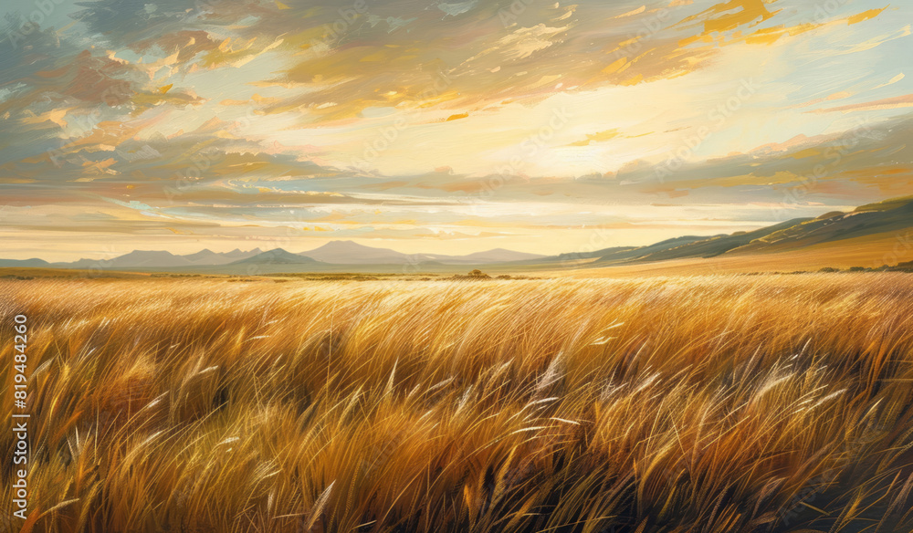 The vastness of the delta under sunlight, with tall grass swaying gently in the breeze and distant mountains visible on the horizon.