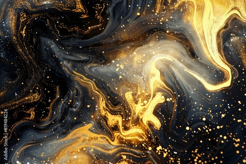 Golden sparkling abstract background, luxury black smoke, acrylic paint underwater explosion, cosmic swirling ink - Generative ai