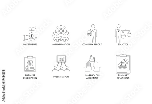 Complete Business Icon Set – Investment, Amalgamation, Company Report, Solicitor, Business Description, Presentation, Shareholder Agreement, Summary Financial.