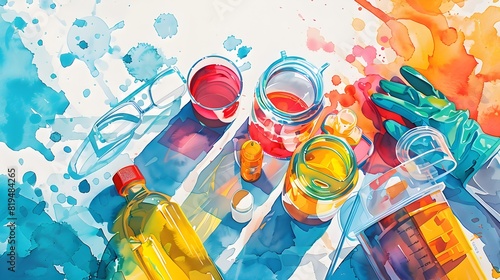 Detailed Watercolor of Vibrant Spill Response Kit with Absorbents and Protective Gear photo