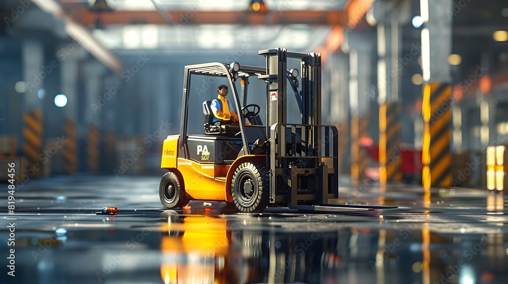Imposing Forklift with Operator in Reflective Vest Navigating Warehouse Logistics Imposing Forklift with Operator in Reflective Vest Navigating Warehouse Logistics