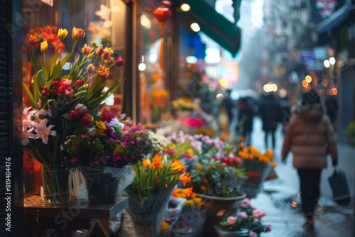 A flower shop, bathed in soft light, is filled with flowers and situated on a bustling street.