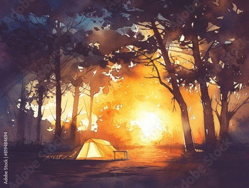 A painting of a campsite with a yellow tent and a campfire  watercolor illustrations   summer activitie  Camping in the woods.