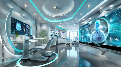 A futuristic clinic interior design concept featuring holographic patient records and AI-powered diagnostics 