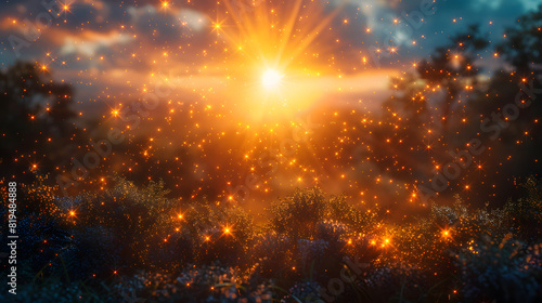 Enchanting scene of a sunset with sparkling lights in a natural landscape, creating a magical and serene atmosphere