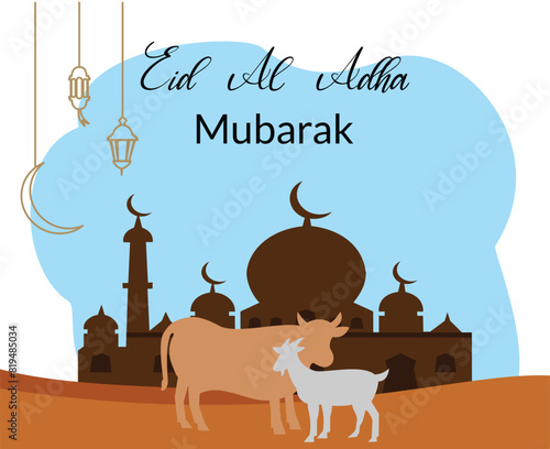 happy eid al adha background with illustration of mosque and animal goat and cow sacrificial