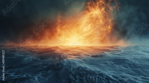 The image shows a large wave about to crash on a rocky coast. The wave is lit by a bright light  which makes it look like it is on fire.