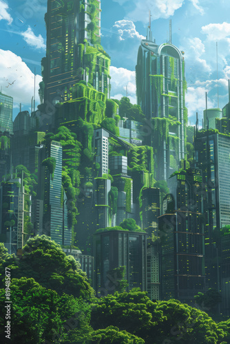 A futuristic cityscape features skyscrapers made of greenery  surrounded by lush forests and sustainable energy sources.