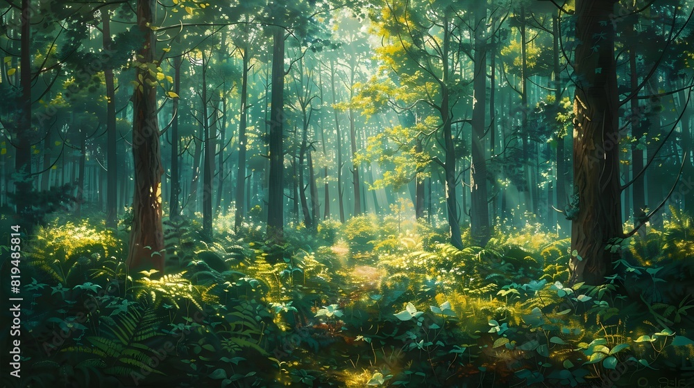 Naklejka premium Expansive Forest Canopy Bathed in Warm Sunlight and Verdant Lush Foliage