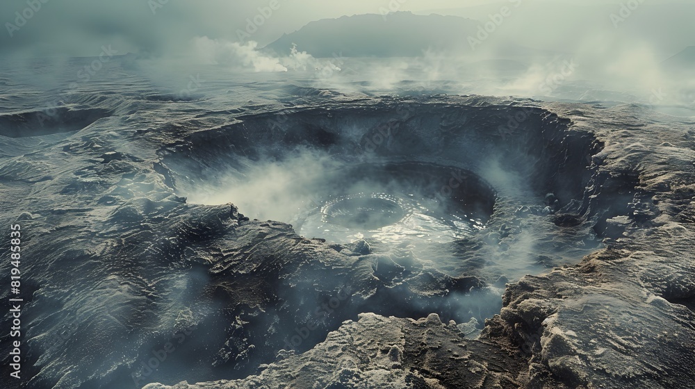 Fototapeta premium Ethereal Geothermal Landscape with Swirling Mist Enveloping a Bubbling Mud Pool,Showcasing the Earth's Primal Energy in a Serene and Mystical Setting