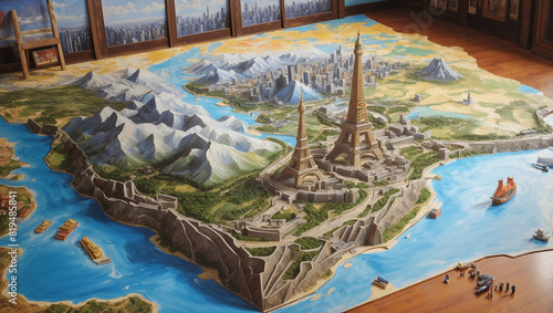  a painting of a fantasy city with a large golden tower and mountains in the background.  photo