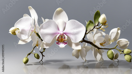 A branch of white and pink orchid flowers against a pale gray background.  