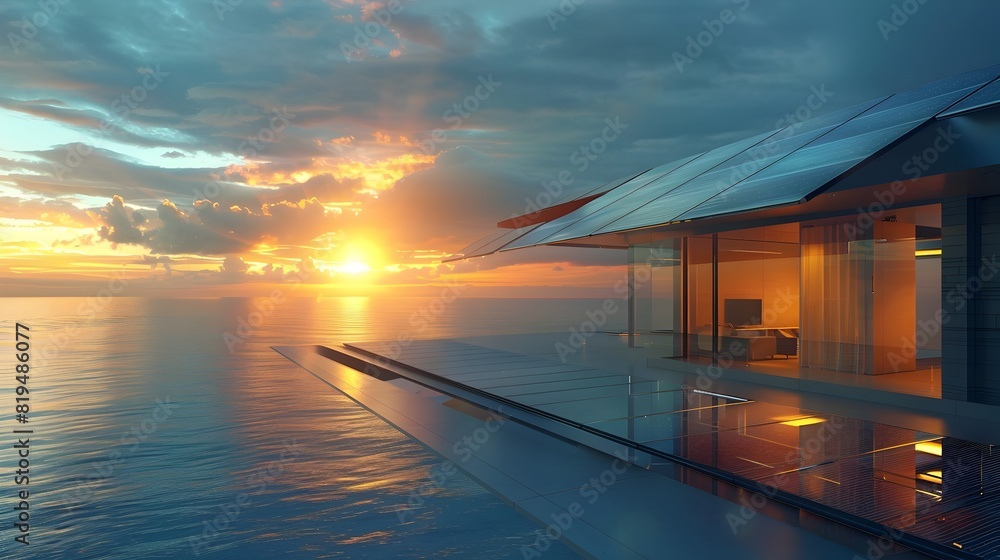 Futuristic Solar-Powered Smart Home with Rooftop Panels Reflecting Sunset Over Ocean