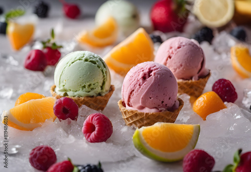 Three scoops of ice cream in waffle cones  surrounded by various fresh fruits such as oranges  raspberries  strawberries  and blackberries  placed on a bed of ice.