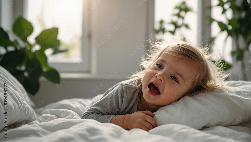 1 Adorable baby boy in white sunny bedroom. Newborn child relaxing in bed. Nursery for young children. Textile and bedding for kids. 1 Adorable baby boy in white sunny bedroom. Newborn child relaxing in bed. Nursery for young children. Textile and bedding for kids.