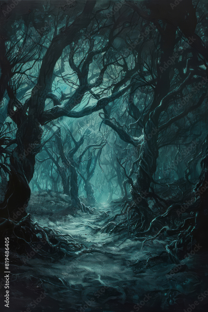 A dark forest with twisted trees and eerie shadows, depicted in an oil painting style, is filled with mystery and intrigue. A dark forest with twisted trees and eerie shadows, depicted in an oil painting style, is filled with mystery and intrigue.