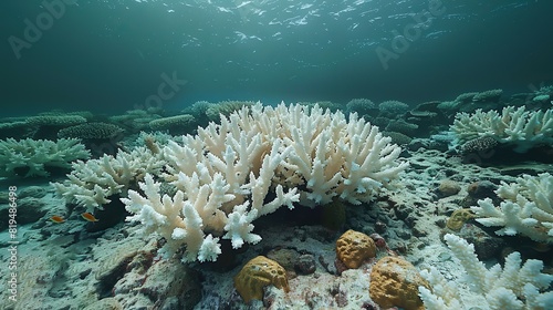 Fototapeta Naklejka Na Ścianę i Meble -  A coral reef bleached and lifeless, highlighting the impact of climate change and ocean acidification on marine ecosystems..illustration