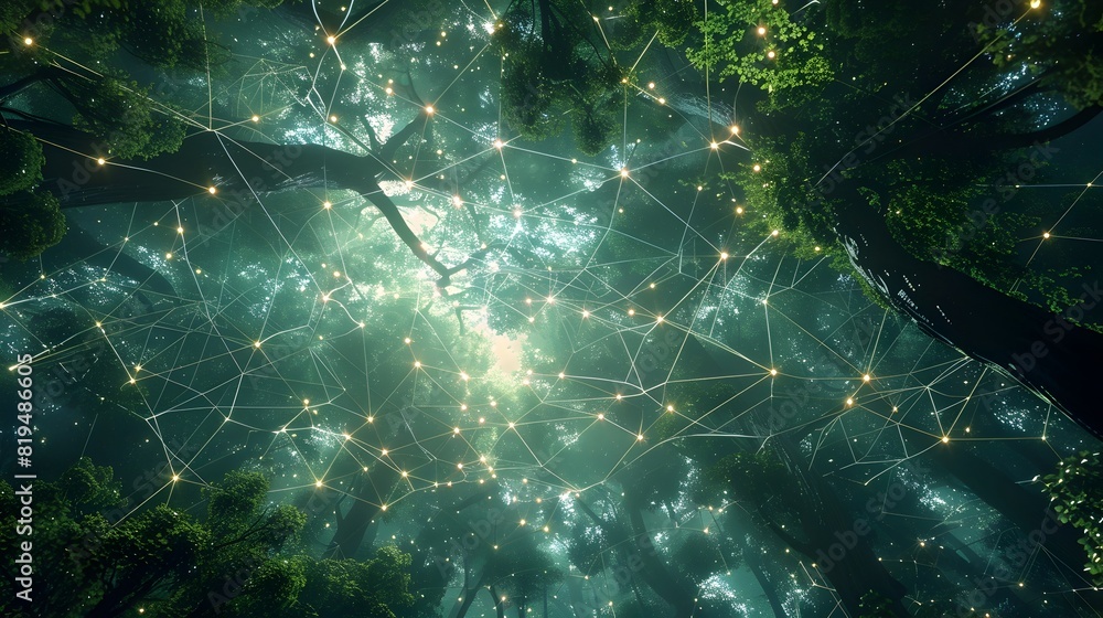 Obraz premium Mesmerizing Microgrid Hovering Above Lush Forest Canopy in Harmonious Balance of Nature and Innovation