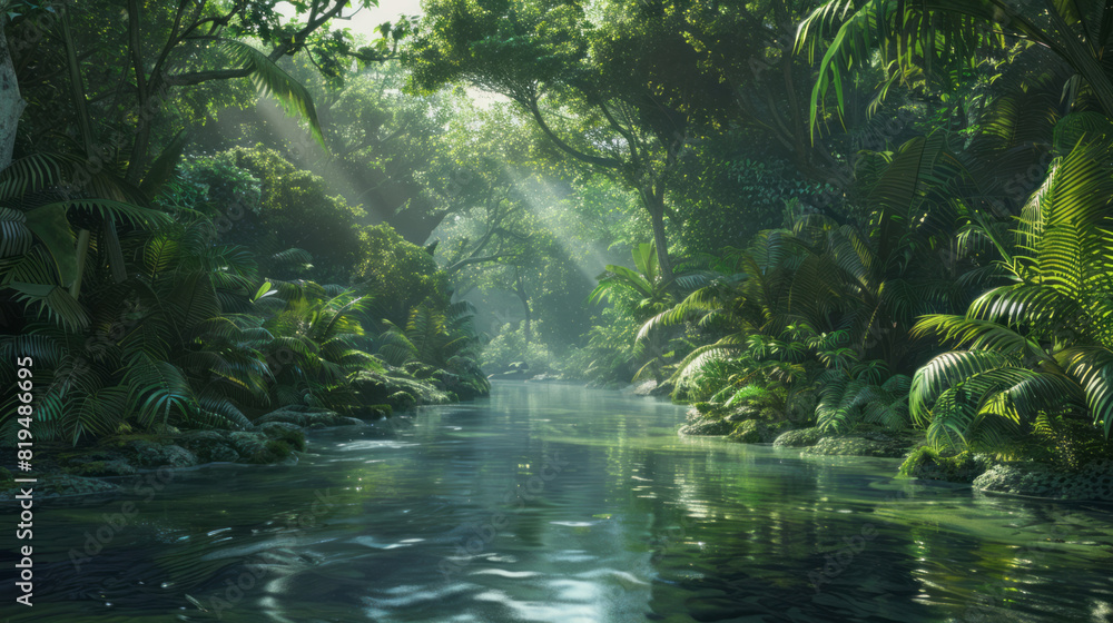A river runs through a beautiful jungle scene.