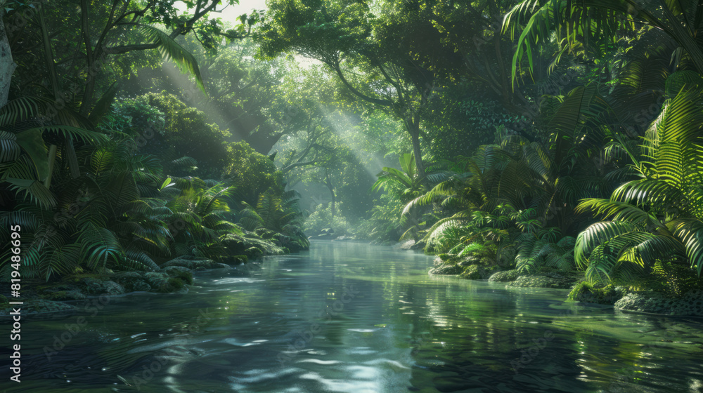 A river runs through a beautiful jungle scene. A river runs through a beautiful jungle scene.