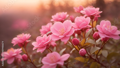 A close-up of a cluster of pink roses in full bloom with the sun's warm glow.