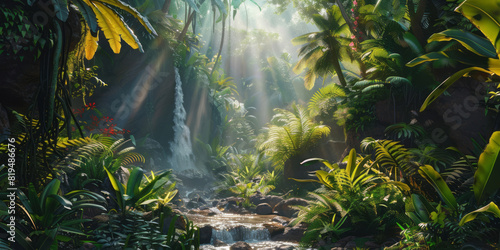 A small stream runs through a beautiful rainforest filled with tropical plants and trees  with sunlight filtering through the canopy.