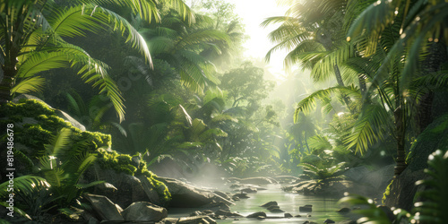 Sun rays shine through the canopy in a jungle view with a river  palm trees  and rocks.