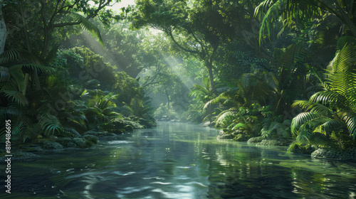 A river runs through a beautiful jungle scene.