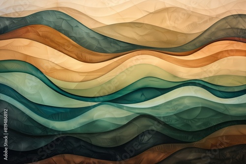 An abstract representation of the landscape uses flowing lines and layers in earth tones, with shades of brown, green, beige, and teal to depict hills and valleys. photo
