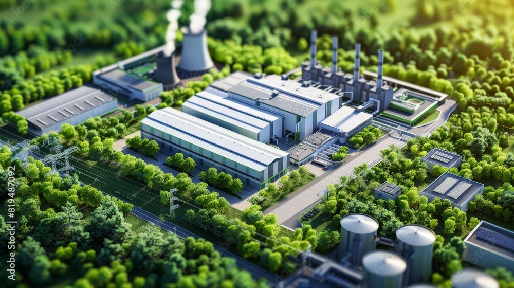 An eco-friendly power plant harmonized with trees, demonstrating green industry principles. The focus is on sustainable energy solutions 