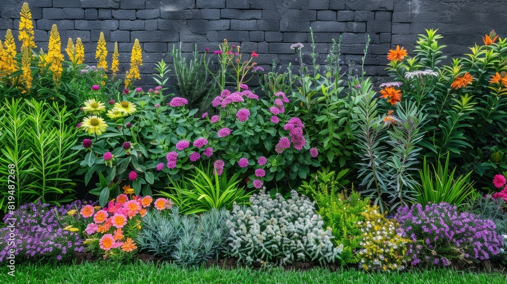Colorful garden with blooming flowers and green foliage