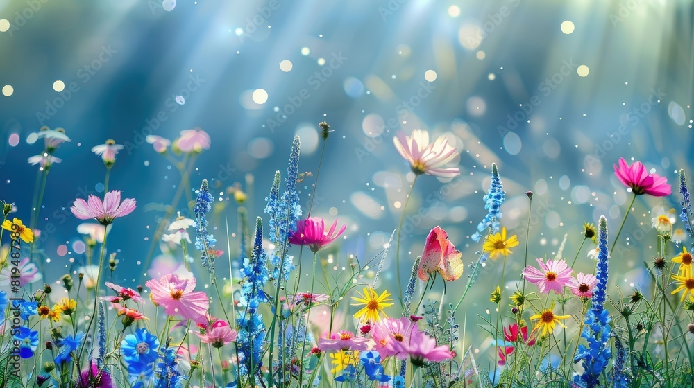Colorful flower meadow with sunbeams and blue sky and bokeh lights in summer 