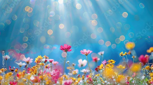 Fototapeta Naklejka Na Ścianę i Meble -  Colorful flower meadow with sunbeams and blue sky and bokeh lights in summer 