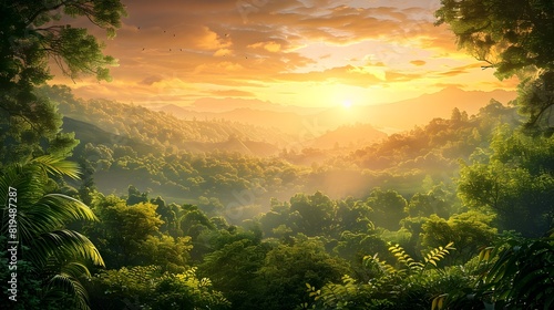 Breathtaking Panoramic View of a Lush Carbon-Neutral Forest at Sunset with Vibrant Greens and Golden Hues