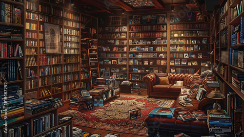 Bookshelves filled with graphic novels and collectible game guides. photo