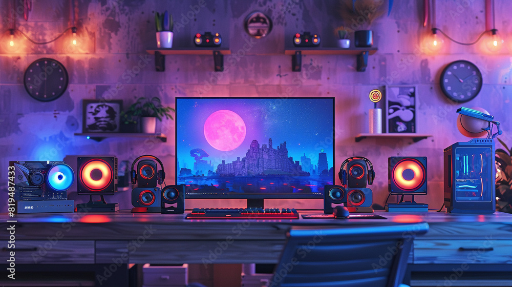 Desk with a custom-built PC setup and gaming peripherals.