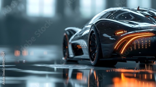 Captivating Macro Shot of Sleek,Futuristic Electric Car's Carbon Fiber Body in Dimly Lit Studio