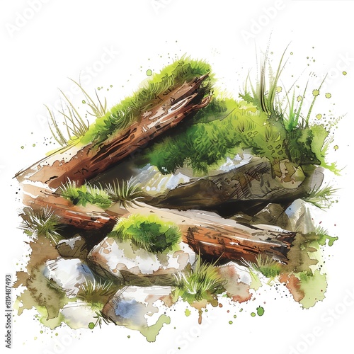 Create a watercolor painting of moss-covered rocks and logs. Include a variety of greens and browns. The painting should be realistic and have a sense of depth.