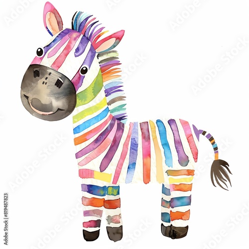 a watercolor illustration of a baby zebra. The zebra should be standing with a happy expression on its face. The stripes on the zebra should be bright and colorful.