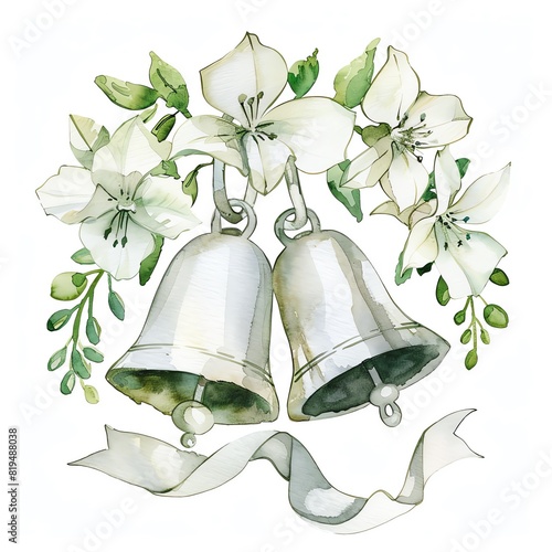 Create a watercolor painting of two silver wedding bells