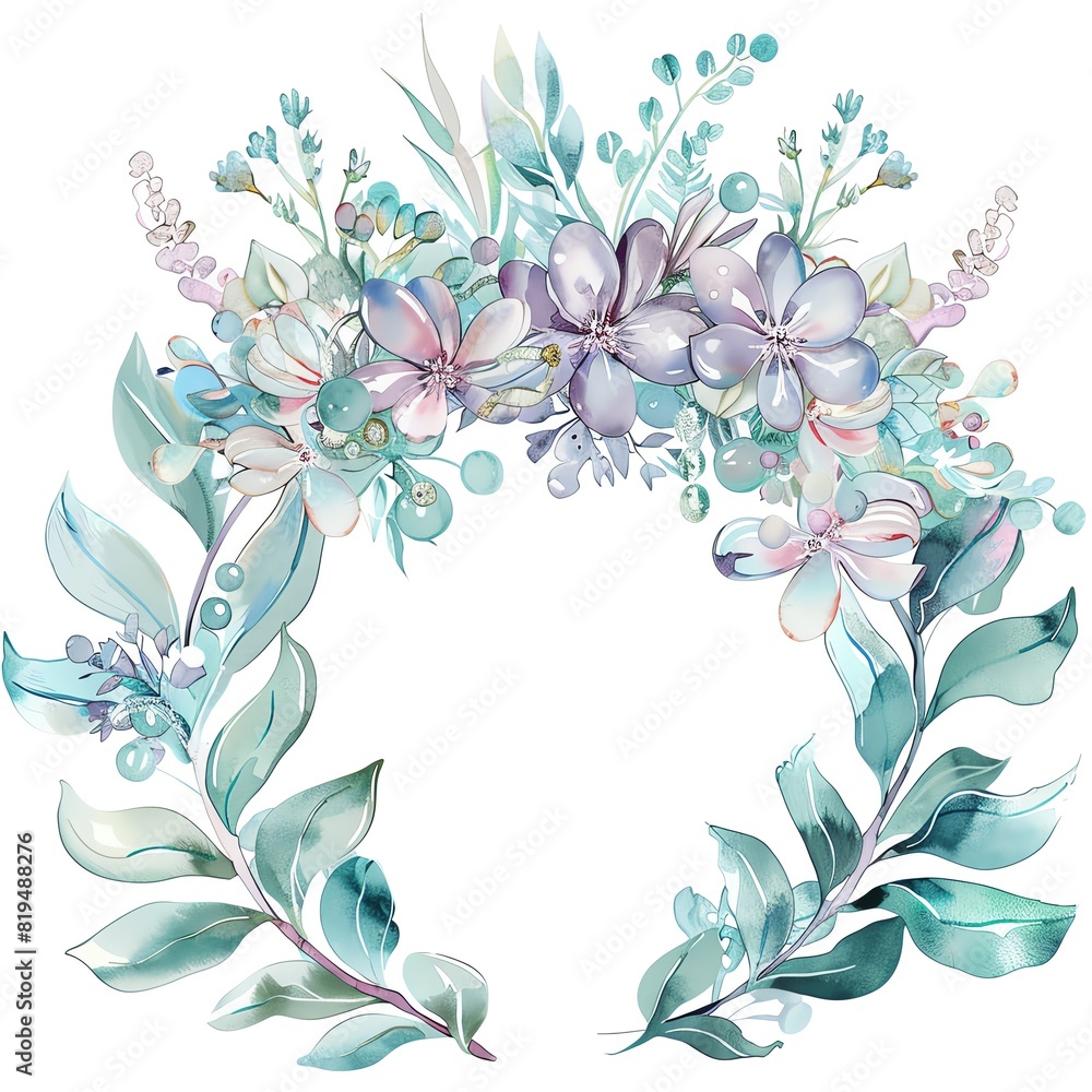 A beautiful watercolor painting of a wreath of flowers and leaves in shades of blue and purple. The flowers are mostly purple with some blue and white.