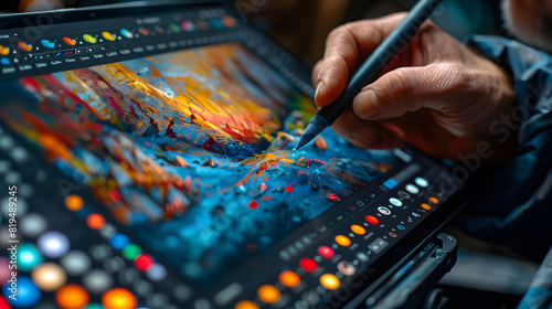 Close-up of an artist's hand using a stylus to paint vibrant, colorful artwork on a digital graphic tablet, blending modern technology with traditional artistry photo